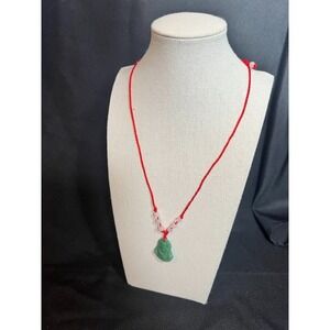 Green Buddha Pendant Necklace Red Cord Meditation Spiritual Jewelry Carved Adjst